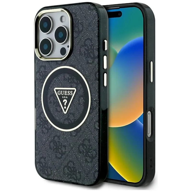 Guess IML Metal Glitter 4G apskritimas trikampis MagSafe – dėklas skirtas iPhone 16 Pro (juodas)