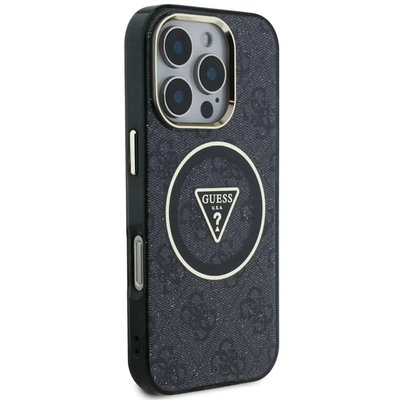 Guess IML Metal Glitter 4G apskritimas trikampis MagSafe – dėklas skirtas iPhone 16 Pro (juodas)