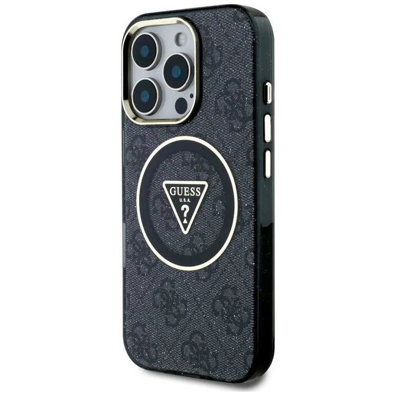 Guess IML Metal Glitter 4G apskritimas trikampis MagSafe – dėklas skirtas iPhone 16 Pro (juodas)