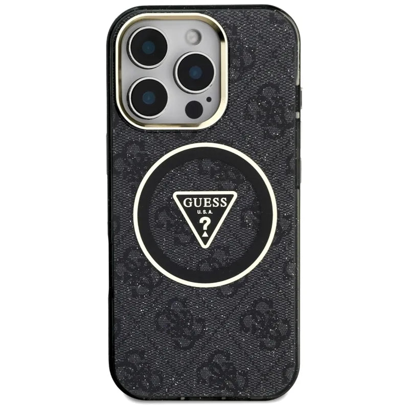 Guess IML Metal Glitter 4G apskritimas trikampis MagSafe – dėklas skirtas iPhone 16 Pro (juodas)
