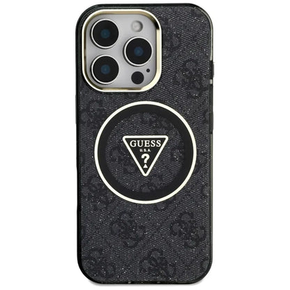 Guess IML Metal Glitter 4G apskritimas trikampis MagSafe – dėklas skirtas iPhone 16 Pro (juodas)