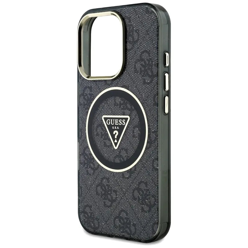 Guess IML Metal Glitter 4G apskritimas trikampis MagSafe – dėklas skirtas iPhone 16 Pro (juodas)