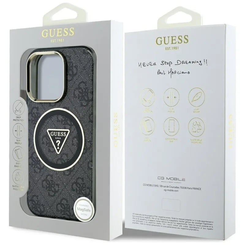 Guess IML Metal Glitter 4G apskritimas trikampis MagSafe – dėklas skirtas iPhone 16 Pro (juodas)
