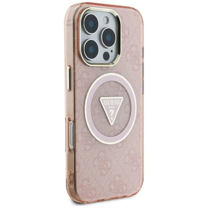 Guess IML Metal Glitter 4G apskritimas trikampis MagSafe – dėklas skirtas iPhone 16 Pro (rožinis)