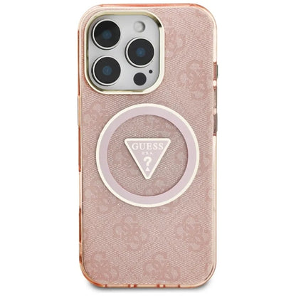 Guess IML Metal Glitter 4G apskritimas trikampis MagSafe – dėklas skirtas iPhone 16 Pro (rožinis)
