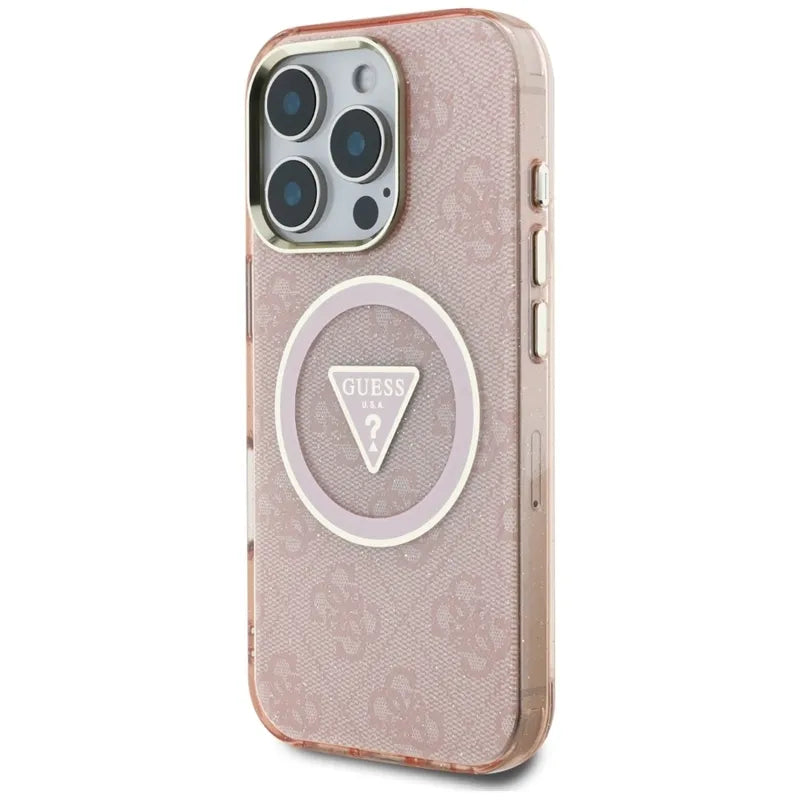 Guess IML Metal Glitter 4G apskritimas trikampis MagSafe – dėklas skirtas iPhone 16 Pro (rožinis)
