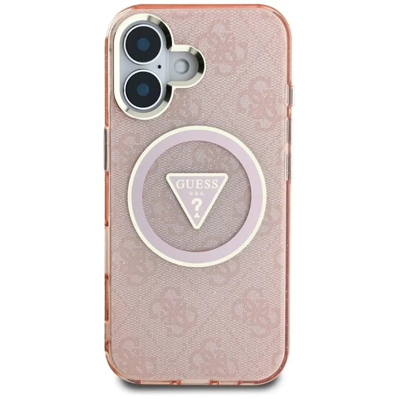 Guess IML Metal Glitter 4G apskritimas trikampis MagSafe – dėklas, skirtas „iPhone 16“ (rožinis)