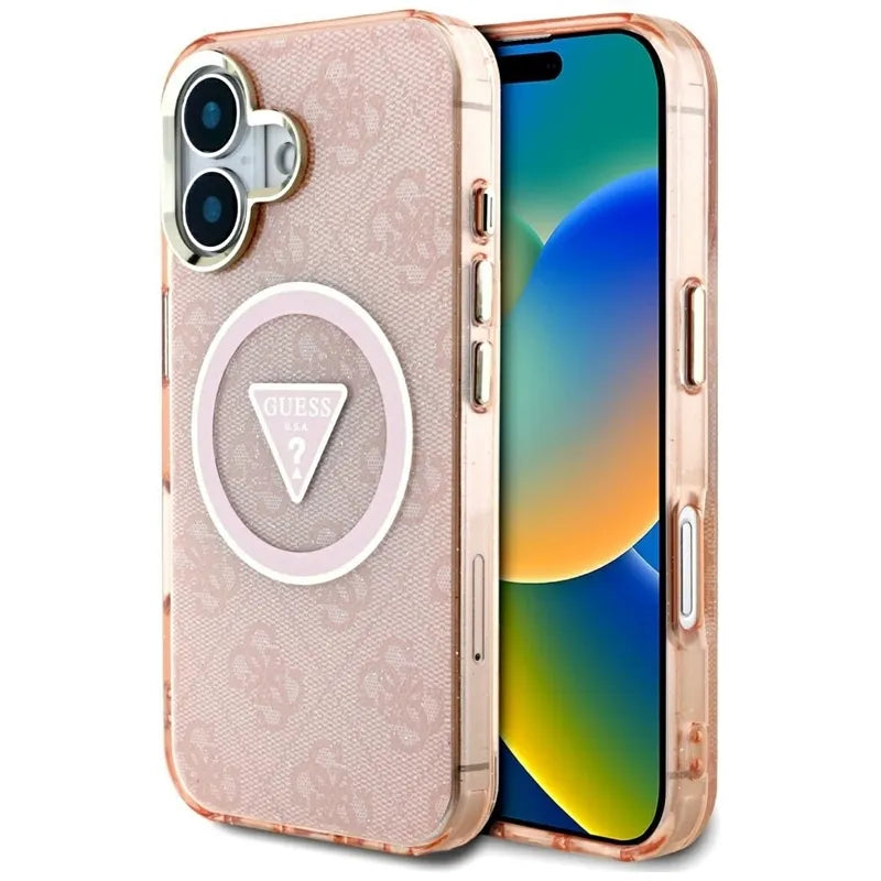 Guess IML Metal Glitter 4G apskritimas trikampis MagSafe – dėklas, skirtas „iPhone 16“ (rožinis)