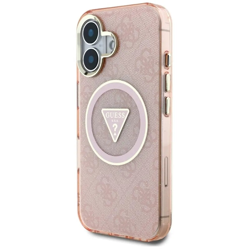 Guess IML Metal Glitter 4G apskritimas trikampis MagSafe – dėklas, skirtas „iPhone 16“ (rožinis)