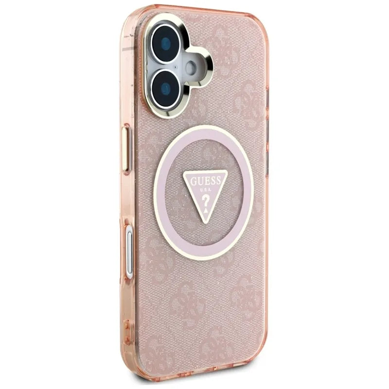 Guess IML Metal Glitter 4G apskritimas trikampis MagSafe – dėklas, skirtas „iPhone 16“ (rožinis)