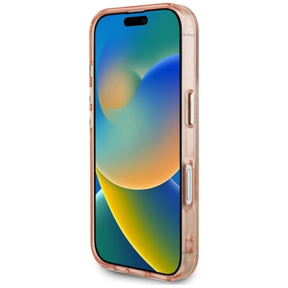 Guess IML Metal Glitter 4G apskritimas trikampis MagSafe – dėklas, skirtas „iPhone 16“ (rožinis)