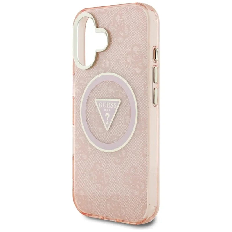 Guess IML Metal Glitter 4G apskritimas trikampis MagSafe – dėklas, skirtas „iPhone 16“ (rožinis)