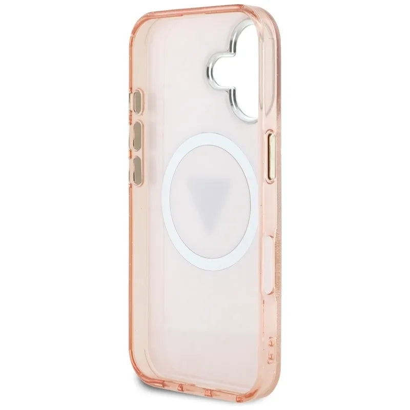 Guess IML Metal Glitter 4G apskritimas trikampis MagSafe – dėklas, skirtas „iPhone 16“ (rožinis)