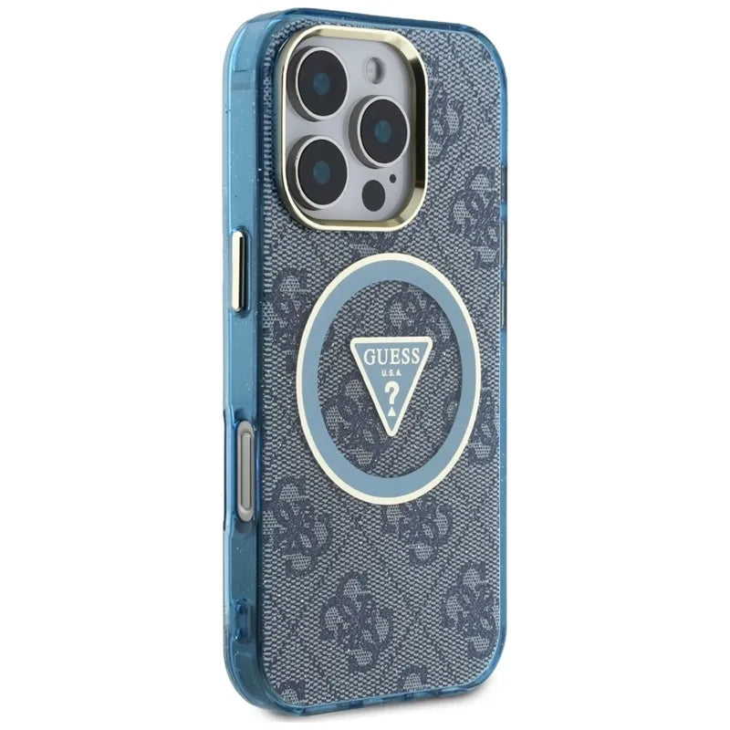 Guess IML Metal Glitter 4G Apskritimo Trikampio MagSafe – dėklas, skirtas iPhone 16 Pro (mėlynas)