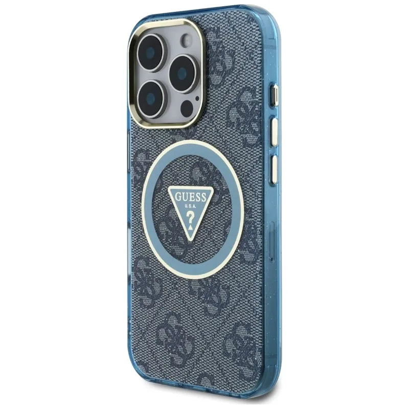 Guess IML Metal Glitter 4G Apskritimo Trikampio MagSafe – dėklas, skirtas iPhone 16 Pro (mėlynas)