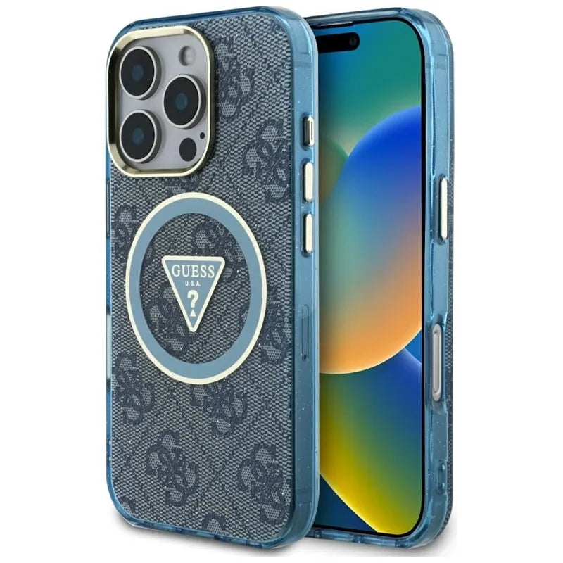 Guess IML Metal Glitter 4G Apskritimo Trikampio MagSafe – dėklas, skirtas iPhone 16 Pro (mėlynas)