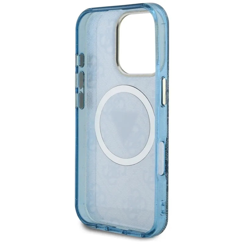 Guess IML Metal Glitter 4G Apskritimo Trikampio MagSafe – dėklas, skirtas iPhone 16 Pro (mėlynas)