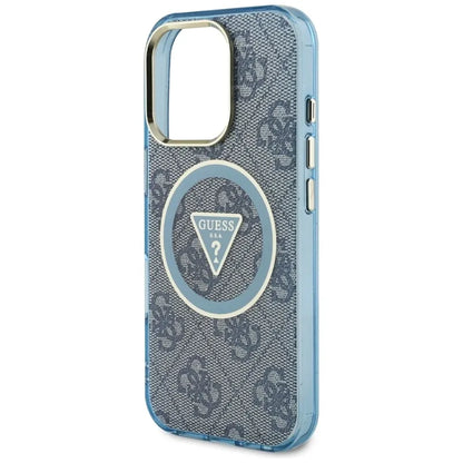 Guess IML Metal Glitter 4G Apskritimo Trikampio MagSafe – dėklas, skirtas iPhone 16 Pro (mėlynas)