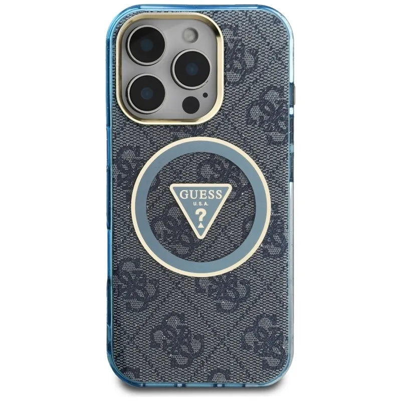 Guess IML Metal Glitter 4G Apskritimo Trikampio MagSafe – dėklas, skirtas iPhone 16 Pro (mėlynas)