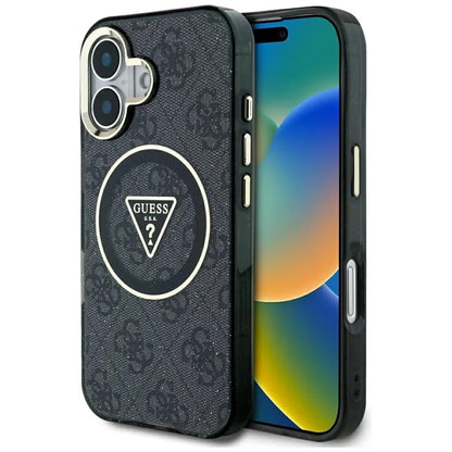Guess IML Metal Glitter 4G Circle Triangle MagSafe – dėklas iPhone 16 (juodas)