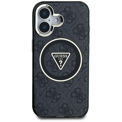 Guess IML Metal Glitter 4G Circle Triangle MagSafe – dėklas iPhone 16 (juodas)