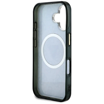 Guess IML Metal Glitter 4G Circle Triangle MagSafe – dėklas iPhone 16 (juodas)