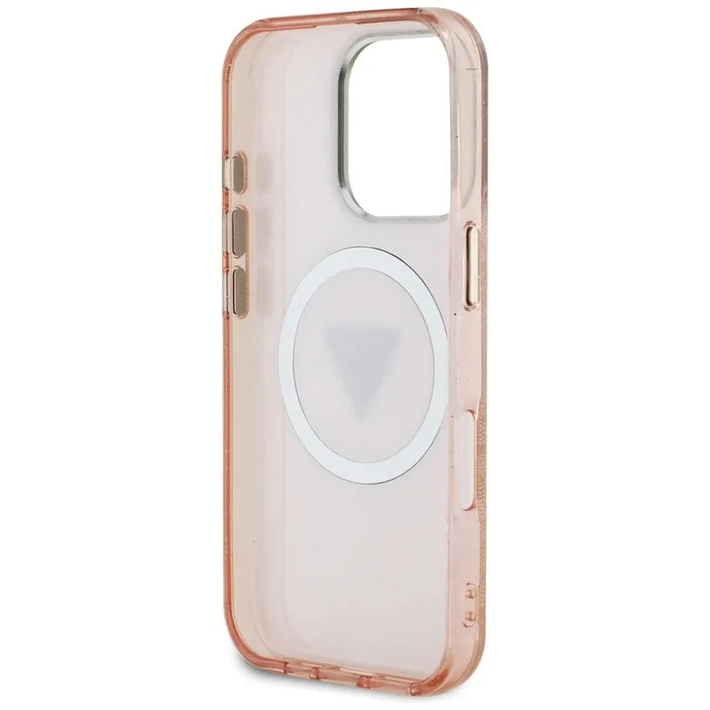 Guess IML Metal Glitter 4G Circle Triangle MagSafe – dėklas iPhone 16 Pro Max (rožinis)