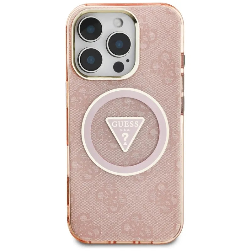 Guess IML Metal Glitter 4G Circle Triangle MagSafe – dėklas iPhone 16 Pro Max (rožinis)