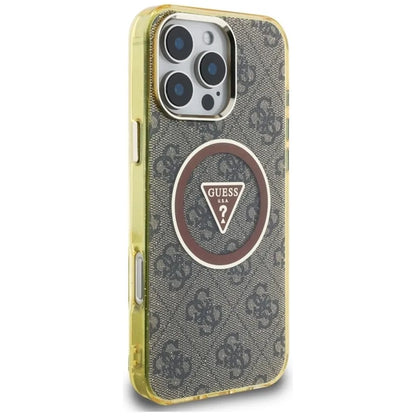 Guess IML Metal Glitter 4G Circle Triangle MagSafe – dėklas iPhone 16 Pro (rudos spalvos)