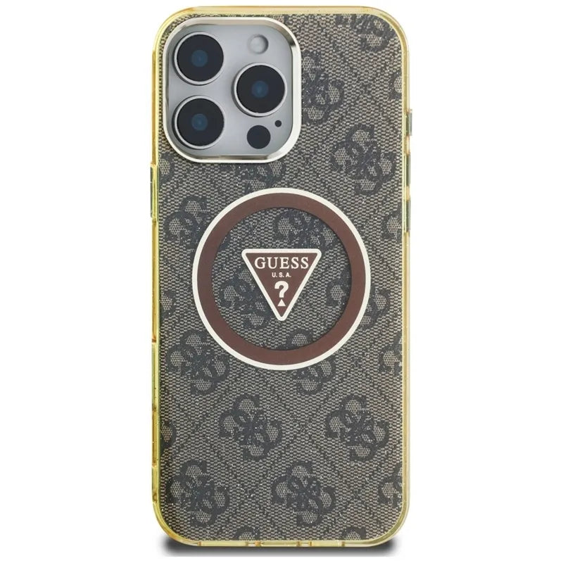 Guess IML Metal Glitter 4G Circle Triangle MagSafe – dėklas iPhone 16 Pro (rudos spalvos)
