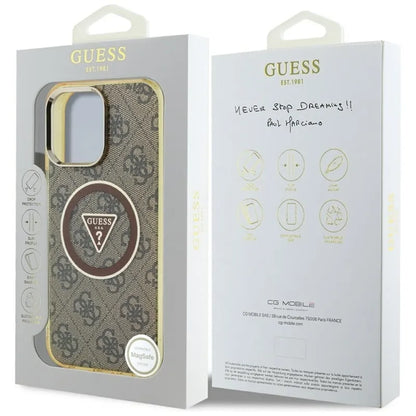 Guess IML Metal Glitter 4G Circle Triangle MagSafe – dėklas iPhone 16 Pro (rudos spalvos)