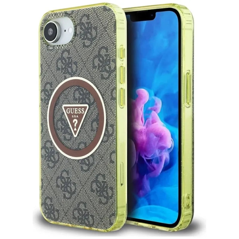 Guess IML Metal Glitter 4G Circle Triangle MagSafe Dėklas iPhone 16e (ruda)