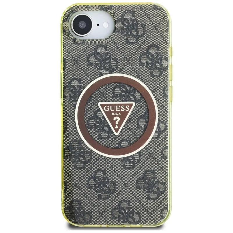 Guess IML Metal Glitter 4G Circle Triangle MagSafe Dėklas iPhone 16e (ruda)
