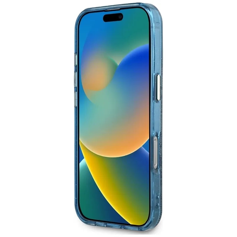 Guess IML Metal Glitter 4G Circle Triangle MagSafe – dėklas, skirtas iPhone 16 Pro Max (mėlynas)