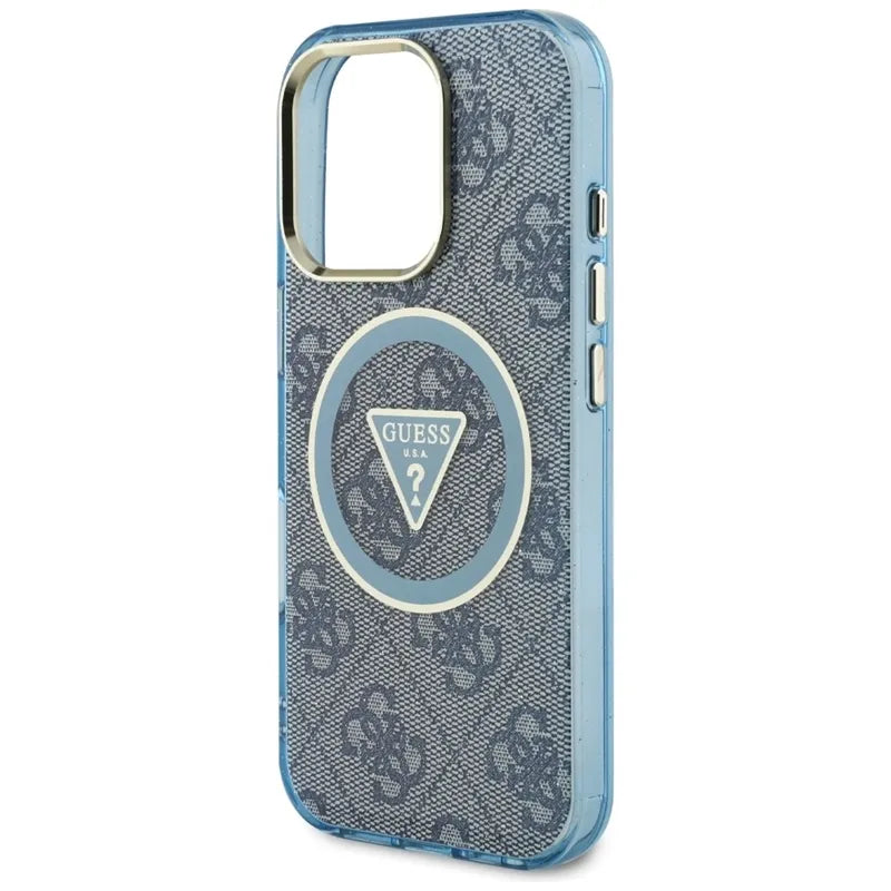 Guess IML Metal Glitter 4G Circle Triangle MagSafe – dėklas, skirtas iPhone 16 Pro Max (mėlynas)