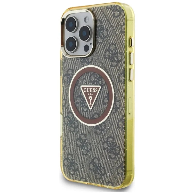 Guess IML Metal Glitter 4G Circle Triangle MagSafe – dėklas, skirtas iPhone 16 Pro Max (rudas)
