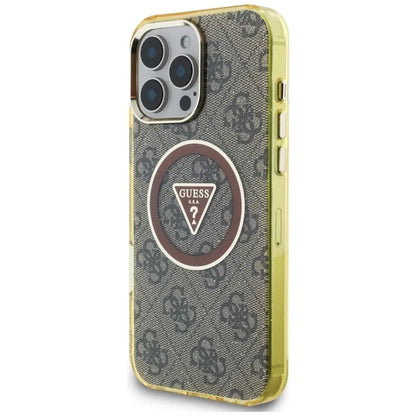 Guess IML Metal Glitter 4G Circle Triangle MagSafe – dėklas, skirtas iPhone 16 Pro Max (rudas)