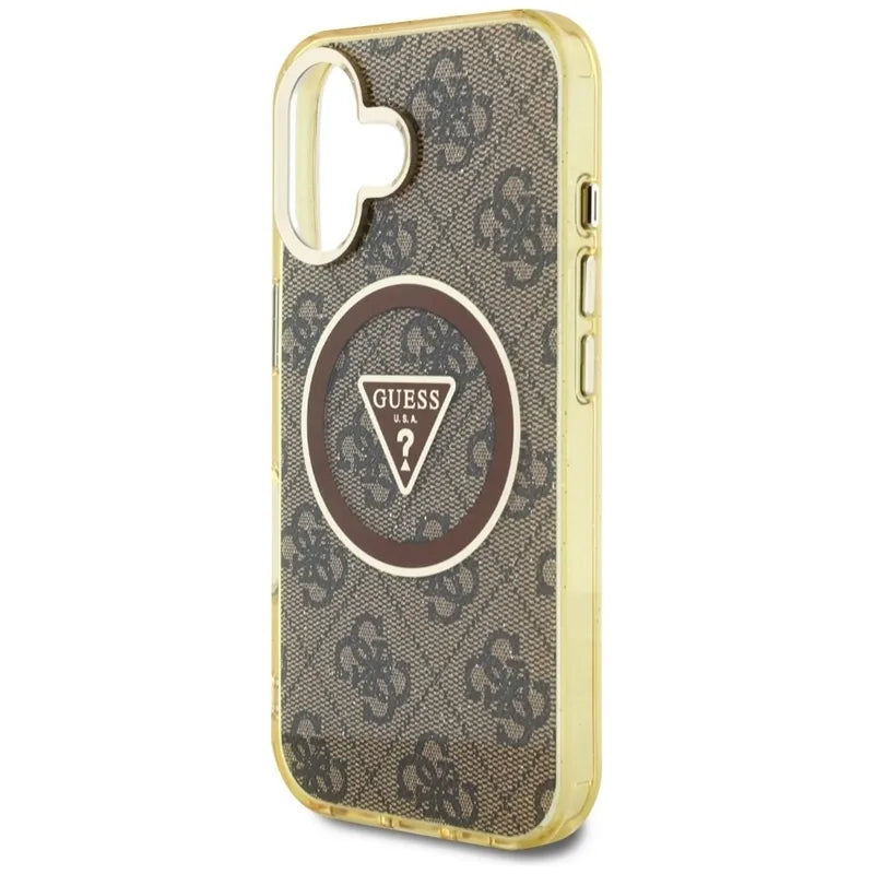 Guess IML Metal Glitter 4G Circle Triangle MagSafe – dėklas, skirtas „iPhone 16“ (rudos spalvos)