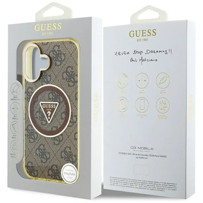 Guess IML Metal Glitter 4G Circle Triangle MagSafe – dėklas, skirtas „iPhone 16“ (rudos spalvos)