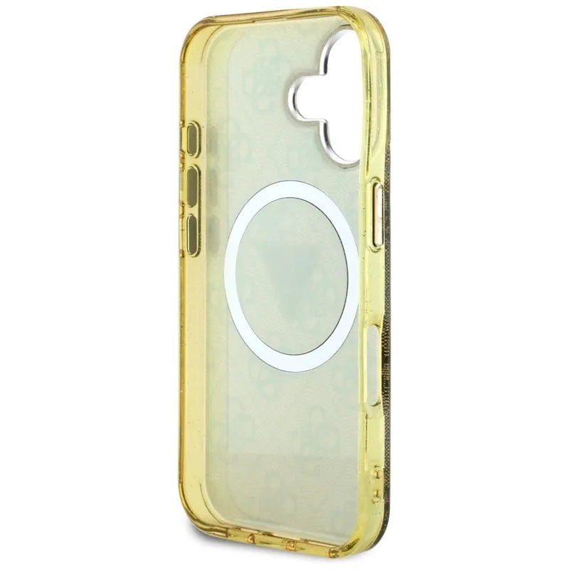 Guess IML Metal Glitter 4G Circle Triangle MagSafe – dėklas, skirtas „iPhone 16“ (rudos spalvos)