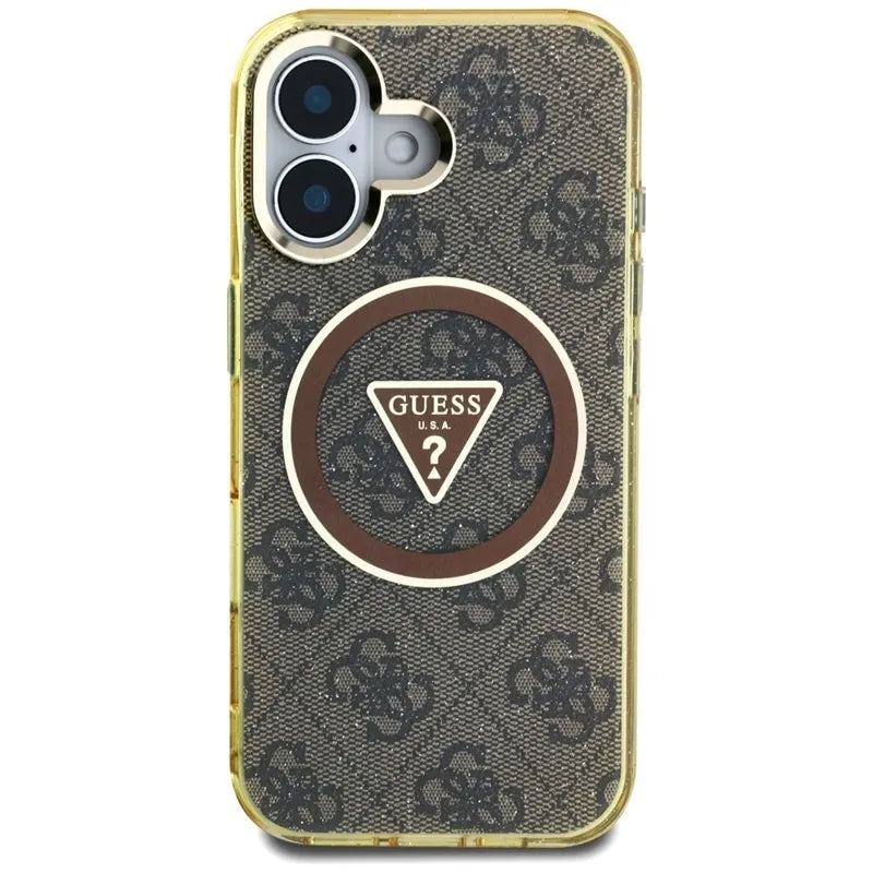 Guess IML Metal Glitter 4G Circle Triangle MagSafe – dėklas, skirtas „iPhone 16“ (rudos spalvos)