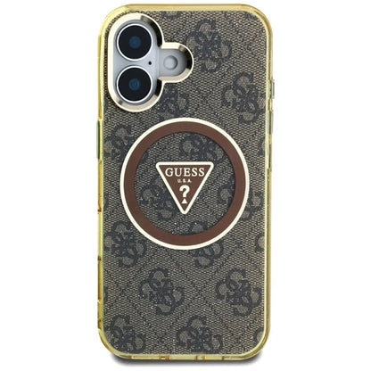 Guess IML Metal Glitter 4G Circle Triangle MagSafe – dėklas, skirtas „iPhone 16“ (rudos spalvos)