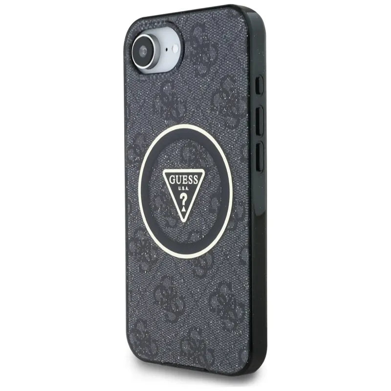 Guess IML Metal Glitter 4G Circle Triangle MagSafe – dėklas, skirtas iPhone 16e (juodas)