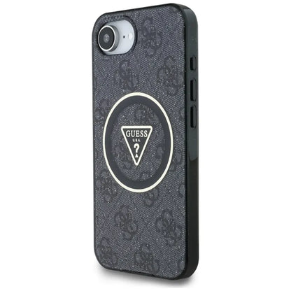 Guess IML Metal Glitter 4G Circle Triangle MagSafe – dėklas, skirtas iPhone 16e (juodas)