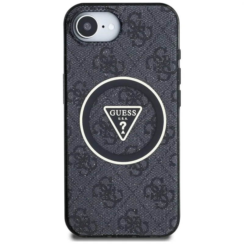 Guess IML Metal Glitter 4G Circle Triangle MagSafe – dėklas, skirtas iPhone 16e (juodas)