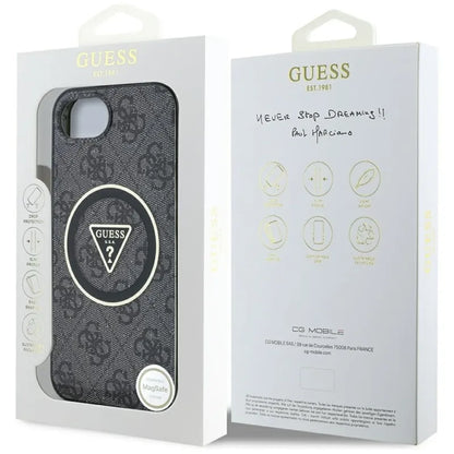 Guess IML Metal Glitter 4G Circle Triangle MagSafe – dėklas, skirtas iPhone 16e (juodas)