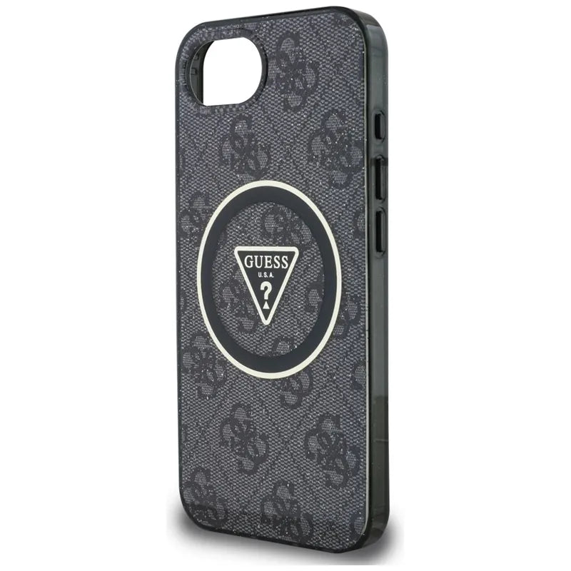 Guess IML Metal Glitter 4G Circle Triangle MagSafe – dėklas, skirtas iPhone 16e (juodas)