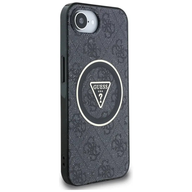 Guess IML Metal Glitter 4G Circle Triangle MagSafe – dėklas, skirtas iPhone 16e (juodas)