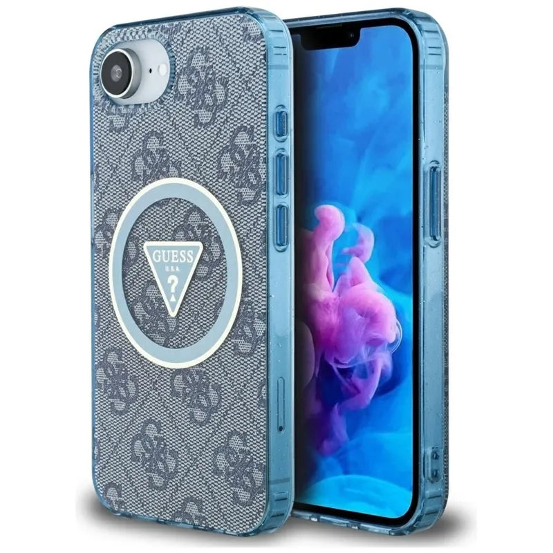 Guess IML Metal Glitter 4G Circle Triangle MagSafe – dėklas, skirtas iPhone 16e (mėlynas)
