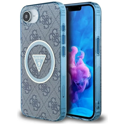 Guess IML Metal Glitter 4G Circle Triangle MagSafe – dėklas, skirtas iPhone 16e (mėlynas)